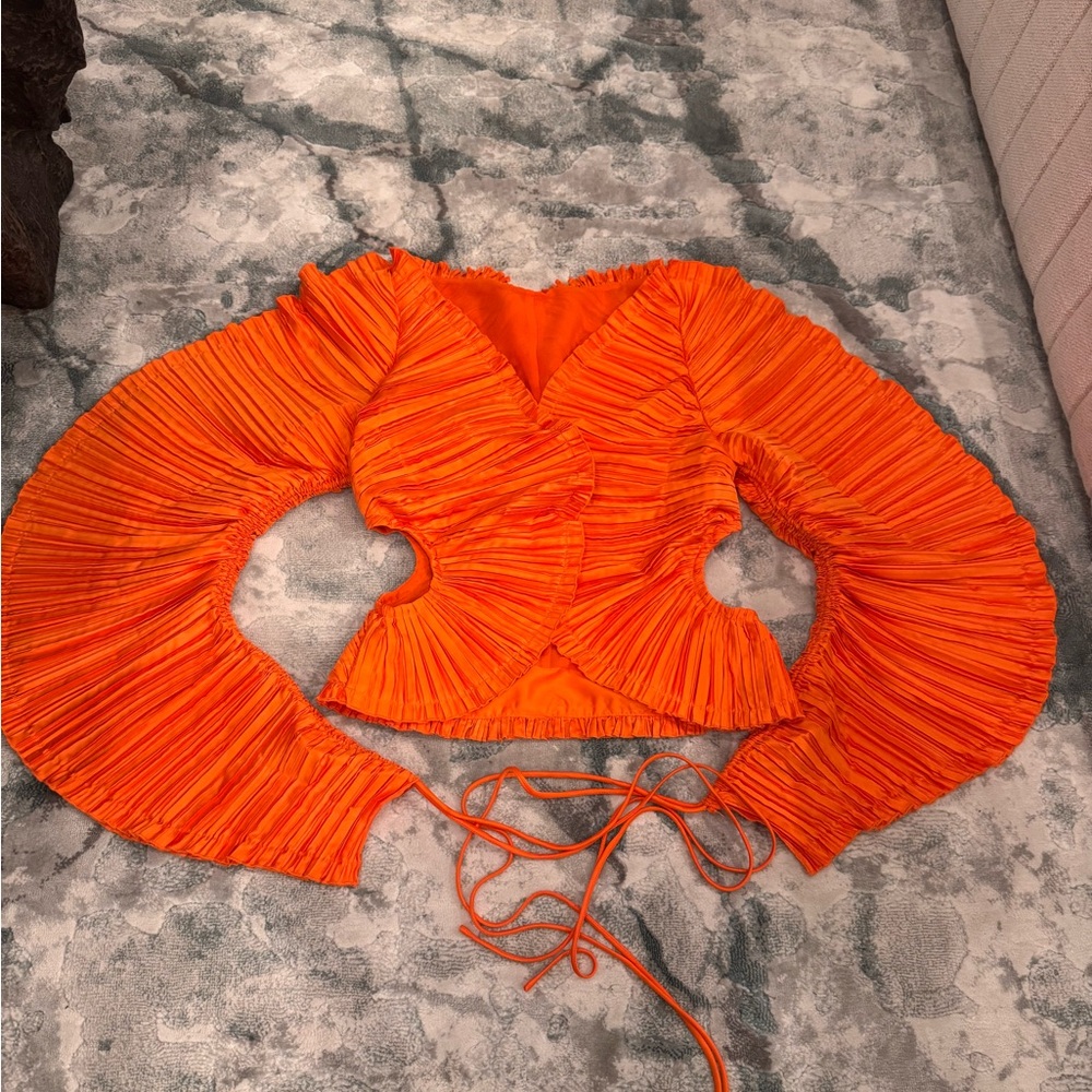 cult gaia Orange Pleated Long-Sleeve Cutout Top - Picture 2 of 7